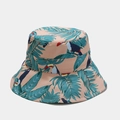 Close-up of tropical print bucket hat with green palm leaves and toucan patterns - M (56-58cm) / Khaki
