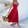 Elegant red sleeveless halter neck maxi dress featuring backless design for summer vacation - S / Red