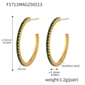 Gold plated C-shaped stainless steel hoop earrings with sparkling green zircon stones - Style A-15mm / Gold Green Zirconia
