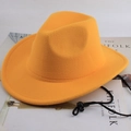 Yellow wool jazz hat with adjustable black wind rope on minimalist Kinfolk magazine background - Plain Style / Yellow