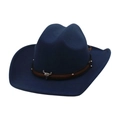 Dark blue felt cowboy hat with brown leather band and silver ox head metal ornament - Navy Blue