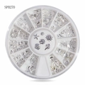 Silver ocean themed alloy nail art studs kit with shells and starfish in a 12-slot wheel - Silver Ocean Theme (SP0270)