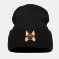 Close-up of a black knit beanie featuring a detailed German Shepherd puppy head embroidery - German Shepherd - Black