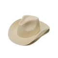 Detailed weave texture of a beige Panama straw cowboy hat with a stylish curved brim - Beige