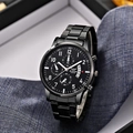Macro shot of black stainless steel chronograph watch with date display and sub-dials - Black Case White Hands