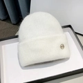White ribbed knit beanie with plush brim and gold M emblem for cold winter weather - M Label Hat-White Fleece