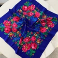 Detail of vintage floral pattern on navy blue square cotton linen headscarf wrap - 70x70cm / Navy Blue