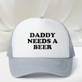 Detailed front view of grey trucker hat featuring DADDY NEEDS A BEER bold text - One Size / Gray
