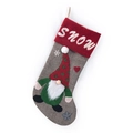Calza di Natale grigia a spina di pesce con bordo SNOW rosso e ricamo di gnomo - Bordo Rosso (Stile Gnomo SNOW)