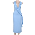 Sky blue ruffle strap midi dress with deep V-neck and slim fit for summer fashion - S / Blue