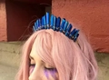 Handmade bridal crown with dark blue crystals and gold wire on pink hair model - Deep Blue + Gold Wire Gold Headband 1