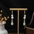 Elegant Chinese style long tassel earrings with white pearls and green teardrop pendants - Double Pearl Light Green Drop Style (E1264-2)