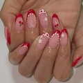 French almond press-on nails with red cherry designs and cute bow patterns - French Red Cherry Bow Style (JP3839)