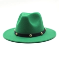 Detail of green wool fedora hat featuring black ribbon band with gold metal rivets decoration - Size M (56-58cm) / Grass Green