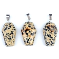 Mini coffin-shaped natural stone pendants with black and brown spots on beige base - Dalmatian Jasper