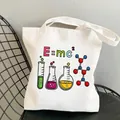 White canvas tote bag with colorful science formulas and chemistry laboratory glassware print - C16 Science Formula Mix No Inner Pocket No Zipper