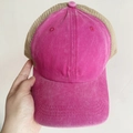 Retro washed pink cotton baseball cap with beige breathable mesh back and flat brim - Adult 56-60cm / Rose Red-Khaki Mesh