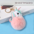 Pink and green PU unicorn pompom keychain with soft pink faux fur and golden ring - Light Gold 4-Link Lobster Clasp / 6cm Korean Pink Unicorn