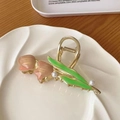 Golden tulip hair claw clip with pink petals, green leaves and white pearls decoration - Double Rose Pink