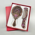 Retro bronze peacock handheld mirror and comb set with colorful rhinestones in red gift box - Hollow Single Opening (Red Copper) / Red Copper