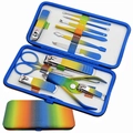Rainbow manicure set with stainless steel nail clippers and tools in a blue storage box - Colorful Yellow-Blue 12-Piece Set