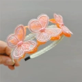 Vibrant orange lace butterfly headband with pink sequins on a white ribbon band - Orange Headband