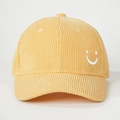 Detailed close-up showing the corduroy texture and white smiley face embroidery on the cap - Embroidered Smile / Yellow