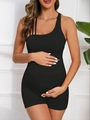 Detail of black ribbed maternity romper featuring a stylish one-shoulder cutout design - S / Black