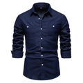 Detail of deep blue denim shirt featuring classic double pockets and white buttons - 2XL / Navy Blue