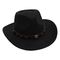 Close-up of black wool felt fedora with brown leather belt and gold metal buckle detail - Black (with Decorative Band)
