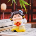 Ancient style Chinese girl figurine in yellow dress holding Fu blessing lucky charm - 1056-17C Holding Fu Character