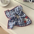 Blue plaid scrunchie with cherry print, red buttons and handmade label on white desk - Blue Plaid Square Scarf Scrunchie 31cm