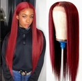 Long straight red wig with bangs showing natural hairline and cap structure for women - Wine Red Straight