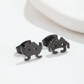 Macro detail of black matte stainless steel pixel alien stud earrings with geometric design - Space Invaders Pixel Alien (Black Color)