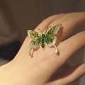 Elegant gold butterfly ring with green gradient wings and sparkling crystal accents - Style 41/Green Gradient Enamel