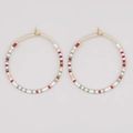 Bohemian hoop earrings with red, white, and green beads on a golden metal ring - Red White Green Gold Ethnic (MI-E220220B)