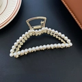 Elegant gold metal shark hair claw clip with inlaid white pearls for women accessory - Full Pearl Style