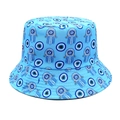 Detailopname van lichtblauwe vissershoed met Evil Eye en Hamsa-hand borduurpatronen - M (56-58cm) / Blauw