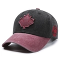Retro washed cotton baseball cap with burgundy brim and red maple leaf patch embroidery - Black with Red Brim