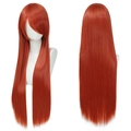 Detailed views of 80cm long straight red cosplay wig with side bangs on white mannequin - Red