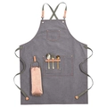 Grey canvas work apron with leather straps and metal hardware tool loops on white background - Thick Light Grey Canvas with Ribbon Straps & Loop