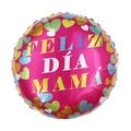 18-inch round pink foil balloon with Spanish Feliz Día Mamá text and colorful hearts - 18 Inch Rose Red Hearts Round Happy Mother's Day (YX228)
