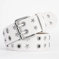 White PU leather punk belt with double-row star rivets and silver metal eyelets - Standard / White