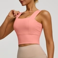 Coral pink wide strap sports bra with square neck and supportive wide waistband - Peach Pink