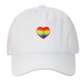White washed cotton baseball cap featuring a vibrant rainbow heart embroidery on the front - Adjustable / White