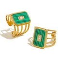Anello dorato regolabile con pietra verde e design traforato a tre strati in stile moderno - Stile Cavo in Malachite Rettangolare (SR22112903)