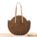 Round paper rope woven shoulder bag in dark coffee brown for summer beach vacations - Large Dark Brown