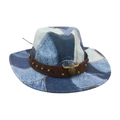 Blue patchwork denim cowboy hat featuring brown leather band and golden bull skull ornament - One Size / Light Blue (Denim Gold Bull)