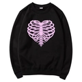 Black fleece hoodie with pink skeleton heart print and adjustable drawstrings - S / Tops / Black (Pink Heart Ribs)