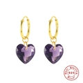 Detailed macro view of S925 sterling silver hoop earrings with purple heart-shaped crystals - Gold-Purple